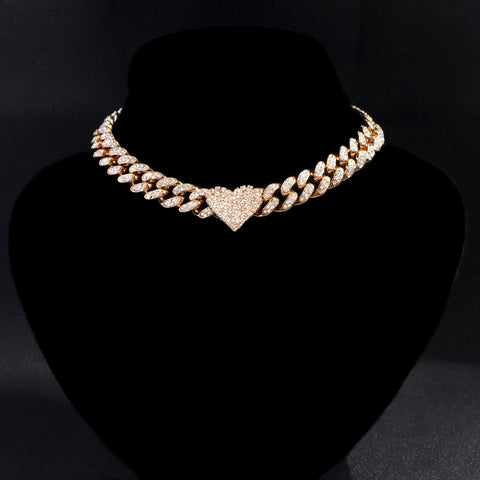 Iced Out Miami Curb Cuban Chain Necklace Fom Women Gold Color Bling Paved Rhinestones Cuban Link Choker Necklace Punk Jewelry