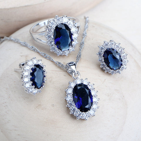 Silver 925 Women Bridal Jewelry Sets Blue Zirconia Costume Fine Jewellery Wedding Necklace Earrings Rings Bracelets Pendant Set