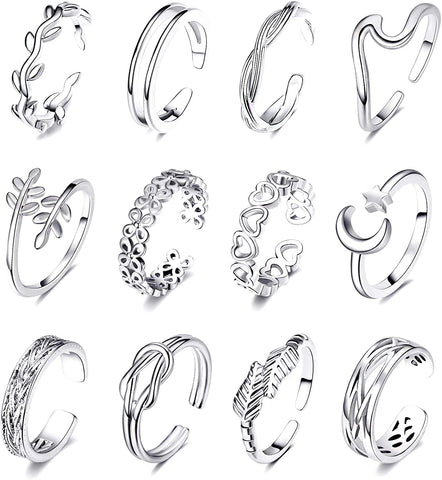 12PCS Adjustable Toe Rings for Women Summer Beach Open Toe Rings Set Flower Arrow Tail Pinky Band Rings Barefoot Foot Jewelry