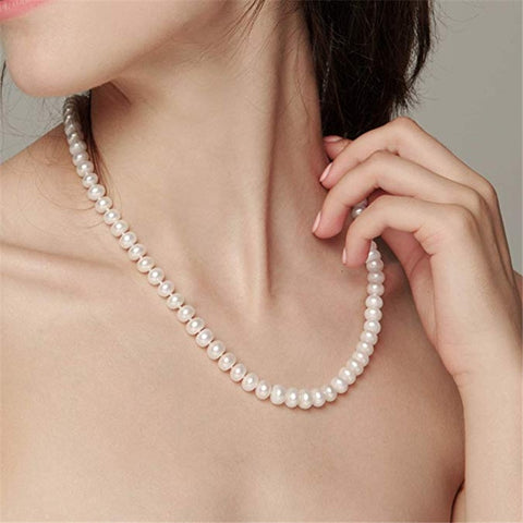 Dainashi White 7-10mm Freshwater Cultured Pearl Strands Necklace Sterling Silver Fine Jewelry for Women Birthday Gift