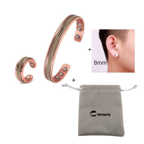 Pure Copper Jewelry-Set for Women Twisted Open Cuff Adjustable Copper Magnetic Bracelet Earrings Arthritis Magnetic Therapy Ring