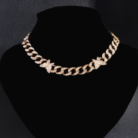 Iced Out Miami Curb Cuban Chain Necklace Fom Women Gold Color Bling Paved Rhinestones Cuban Link Choker Necklace Punk Jewelry