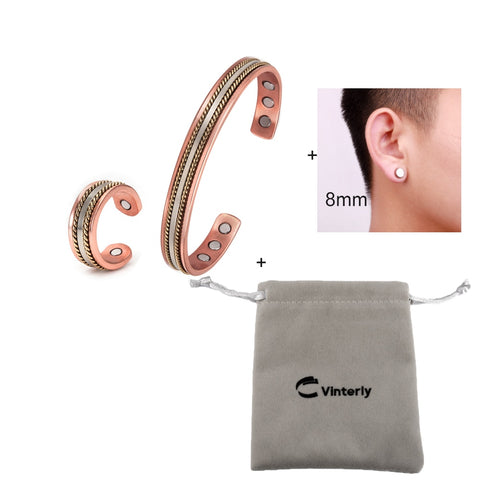 Pure Copper Jewelry-Set for Women Twisted Open Cuff Adjustable Copper Magnetic Bracelet Earrings Arthritis Magnetic Therapy Ring