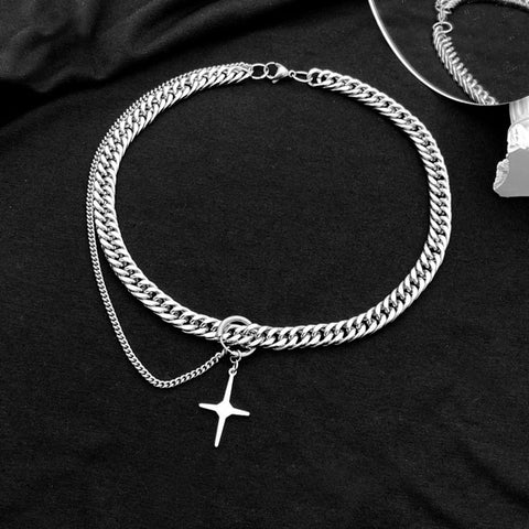 Hip-hop Tide Brand Silver Color Stainless Steel Thick Cuban Chain Cross Star Pendant Necklace Men Jewelry Punk Choker