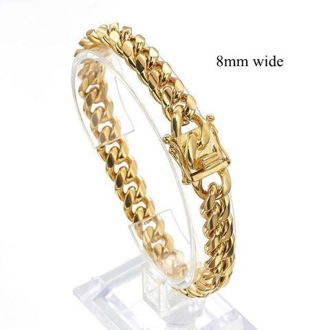8/10/12/14/16/18mm Wide Gold Color 316L Stainless Steel Curb Cuban Link Chain Bracelet Bangle Jewelry 7-11inch for Men Women