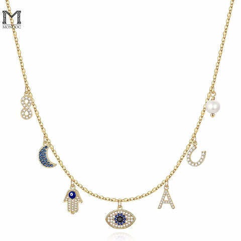 MONOOC 14K Gold Plated Evil Eye Choker Necklace for Women CZ Initial Horseshose Evil Eye Pearl Pendant Necklace Girl Jewelry